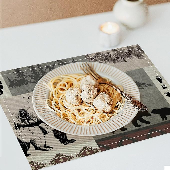 Retro Rustic Lodge Bears Placemats Set of 4, Vintage Cabin Pine Tree Farmhouse Country Style Place Mats, Heat Resistant Non Slip Cotton Linen Dining Table Mats for Home Kitchen 18x12 Inch