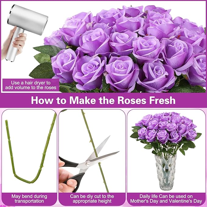150 Pcs Roses Artificial Flowers, Silk Purple Artificial Flowers Petals Long Stem Roses for Wedding Bouquet Home Party Decor