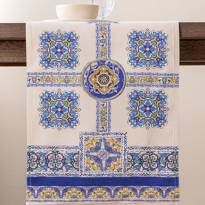 Maison d' Hermine Tablerunners 100% Combed Cotton Premium Table Runner Decorative Table Cover, Home, Kitchen, Parties & Camping, Sciacca, Double Layer - (14.50"x72")