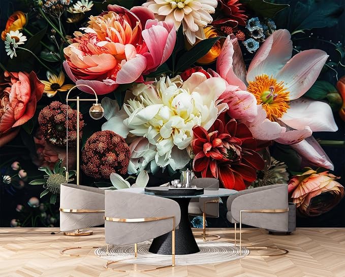 Dark Floral Wallpaper Peel and Stick Large Peony Flower Self Adhesive Wall Mural for Bedroom 137"x100"