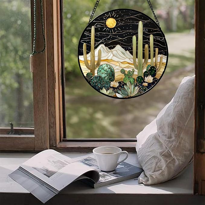 Stained Glass Window Hanging, Black and White Golden Cactus Nature Suncatcher for Doors Window Home Starry Sky Sun Catchers Decor Mother's Day Birthday Gifts for Women, Men Mom 7.8 in
