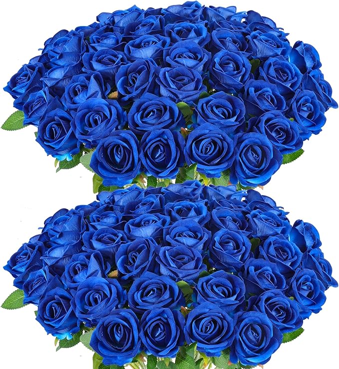 Hananona 50 Artificial Roses in Bulk, Fake Silk Roses Realistic Blue Roses for Wedding Centerpieces Flower Arrangement Home Decor (50, Blue)
