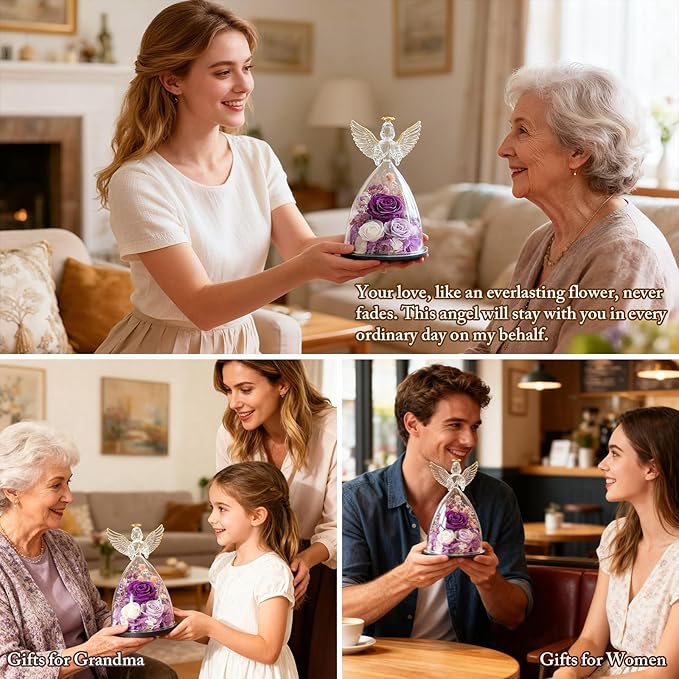 Christmas Roses Gifts for Mom,Preserved Real Flowers Roses in Glass Angel Figurines, for Grandma Women Mom Wife Mother in Law/Purple