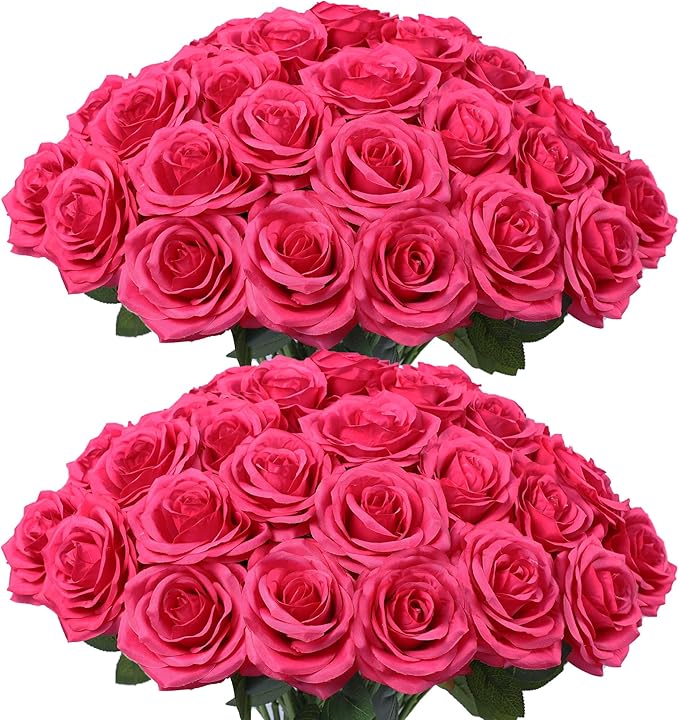 50pcs Artificial Rose Flower Hot Pink Rose Flower with Long Stem Silk Roses Bouquet for Wedding Bridal Shower Party Home Decoration