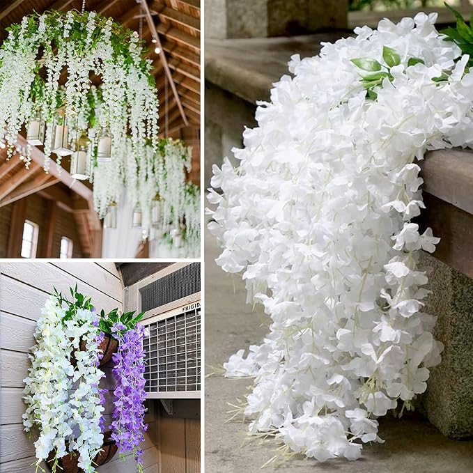24 Pack White Wisteria Hanging Flowers Garland, 3.77 Feet Artificial Flower Vines, Fake Wisteria, Artificial Vines Hanging Garland for Backdrop Outdoor Yard Garden Decor