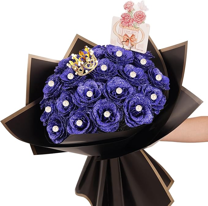 Glitter Roses Bouquet,DIY Fake Glitter Bouquets, Everlasting Shiny Artificial Rose Bouquet with Flower Wrapping Paper Crowns Cards for Mother's Day Graduation Wedding Anniversary(Blue),25 Pcs