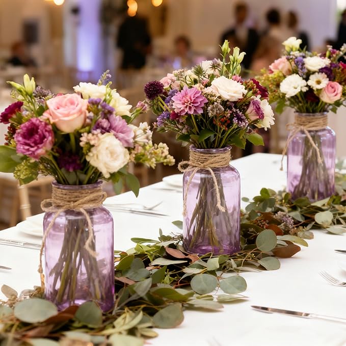 Vintage Glass Flower Vase，3 Pack Farmhouse Purple Glass Centerpiece Vases Mason Jars for Weddings, Parties & Home Decor Bulk (3, Purple)