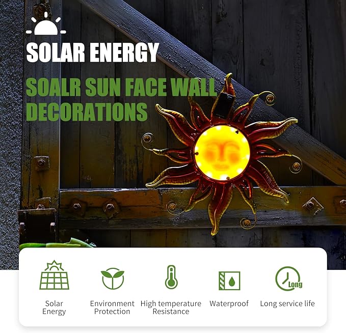 18" Solar Sun Face Wall Art - Metal Sun Sculpture with LED Lights & Smiling Face, Outdoor Wall Hanging Decorations (Gold)
