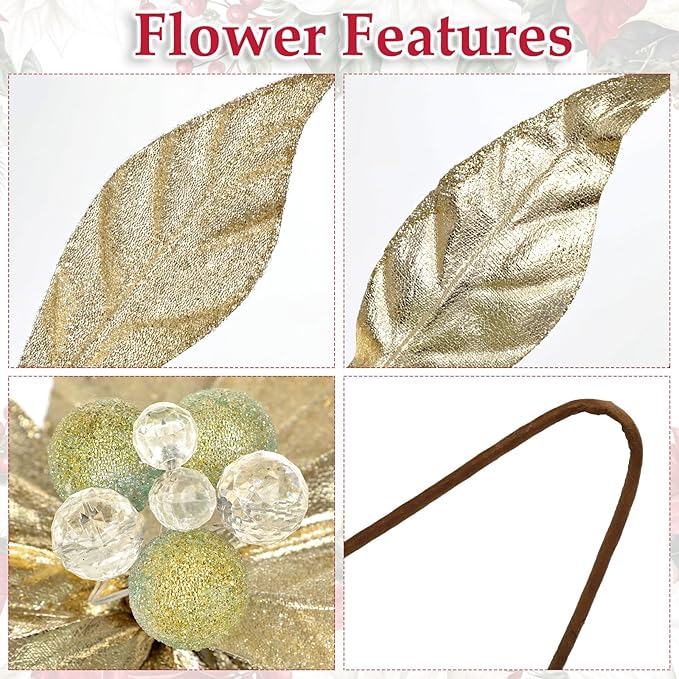 3 Pcs Artificial Christmas Flowers 13 Inch Glitter Poinsettia Picks Christmas Tree Ornaments Topper Decorations Champagne Poinsettias Flowers for Xmas New Year Wreath Garland Wedding Home Decor