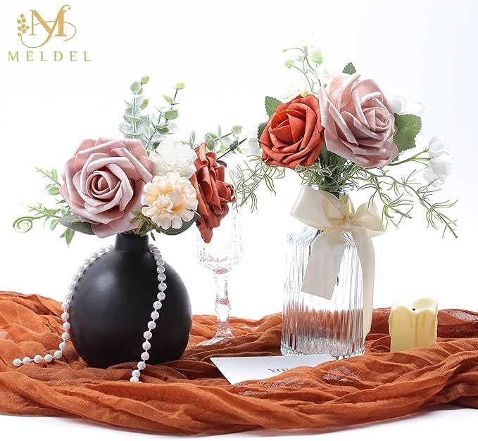 Meldel Artificial Flowers 25pcs Real Looking Burnt Orange Warm Taupe Foam Fake Roses with Stems for DIY Wedding Bouquets Bridal Shower Centerpieces Floral Arrangements Home Decorations Bulk Crafts