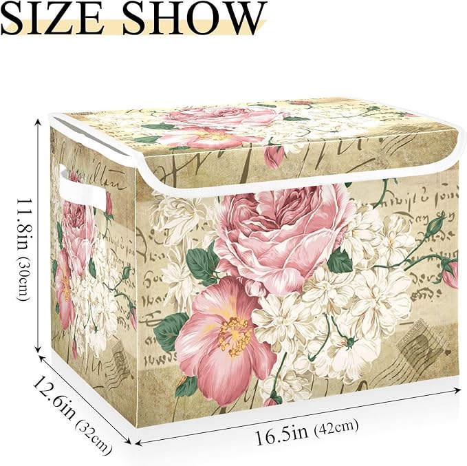Flower Baskets Collapsible Storage Bins with Lids, Vintage Rose Floral Storage Boxes Clothes Baskets for Organizing