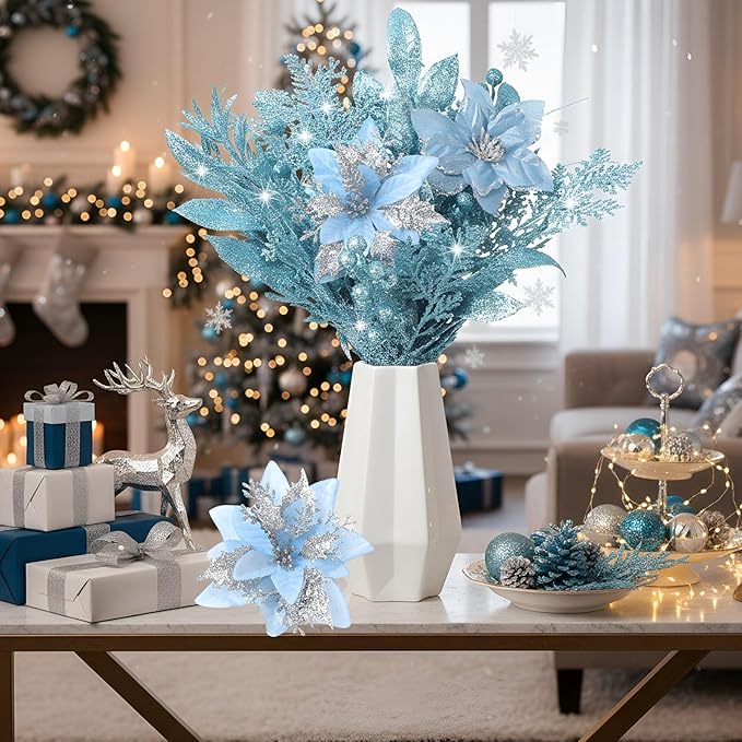 60 Pcs Christmas Glitter Branches 6 Styles Artificial Christmas Picks Berries Stems Poinsettia Flowers Pine Needles Floral Twig Spray for Xmas Tree Ornaments DIY Wreath Garland(Light Blue)