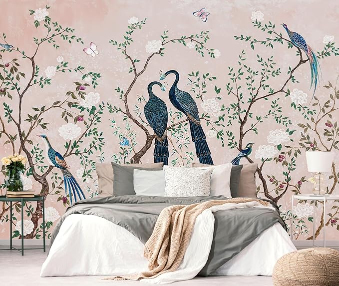 PYFFYP- Chinoiserie Pink Flowers and Bird Wallpaper Vintage Peacock murals for Living Room(Not Peel and Stick)