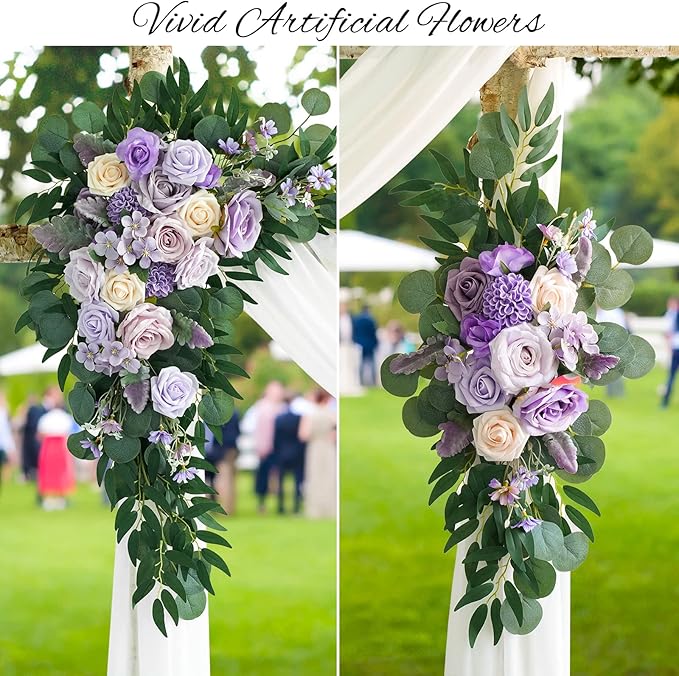 ponatia Purple Wedding Arch Flowers Kit (Pack of 3) with 26Ft White Arch Draping Fabric, Wedding Flowers Garlands Floral Arrangement Swag for Ceremony and Reception Wedding Decoration (Dusty Lilac)