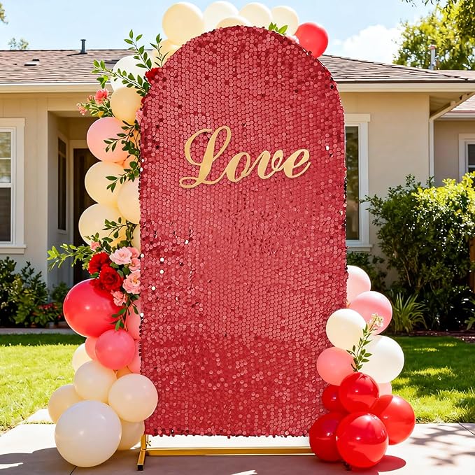 Wedding Arch Cover 6FT Red - Sequin Fabric Backdrop Cover Spandex Arch Shimmer Covers for Party Ceremony Birthday Home Decorations