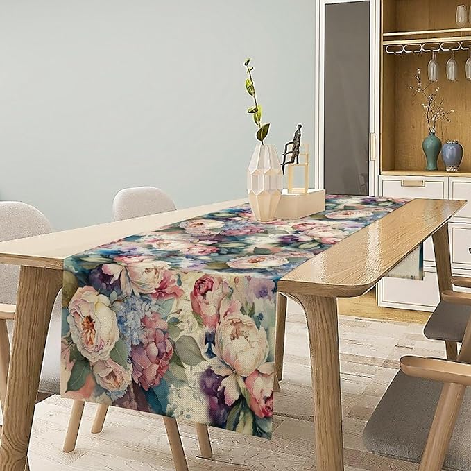 Vintage Floral Table Runner,Girls Women Rose Romantic Leaf Botanical Watercolor Pattern Print Burlap for Hotel Indoors Outdoor Dining Room Kitchen Holiday Party, 13x70in