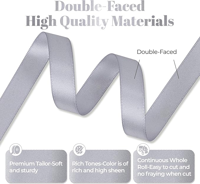 Gray Satin Ribbon, Double Faced 1/2 Inch X 25 Yards Gray Ribbon, Premium Satin Ribbon for Gift Wrapping, Crafts, Hair Bow Making, Sewing, Flower Bouquet, Wedding Party Decor