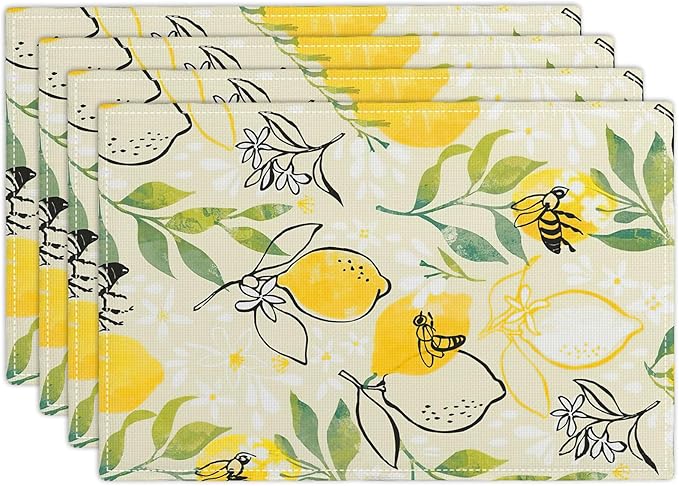 Lemon Table Placemats Set of 4 Farm Food Bee Animal Flower Placemat Set Farmhouse Kitchen Dining Holiday Party Waterproof Washable Table Mats for Kitchen Dining Decoration 4 PCS