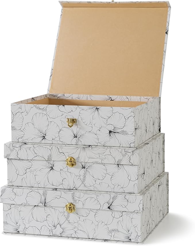 Soul & Lane Black and White Floral Cardboard Decorative Storage Boxes with Gold Hardware - Set of 3, Hibiscus Harmony - Stacking Boxes with Lids for Home Decor and Organizing, Elegant Design