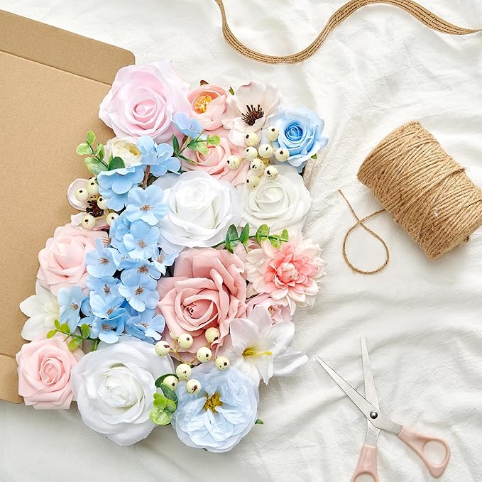 Artificial Flowers, Fake Flowers for DIY English Pastel Flower Box Wedding Bouquet Table Centerpieces Baby Shower Gender Reveal Party Home Décor