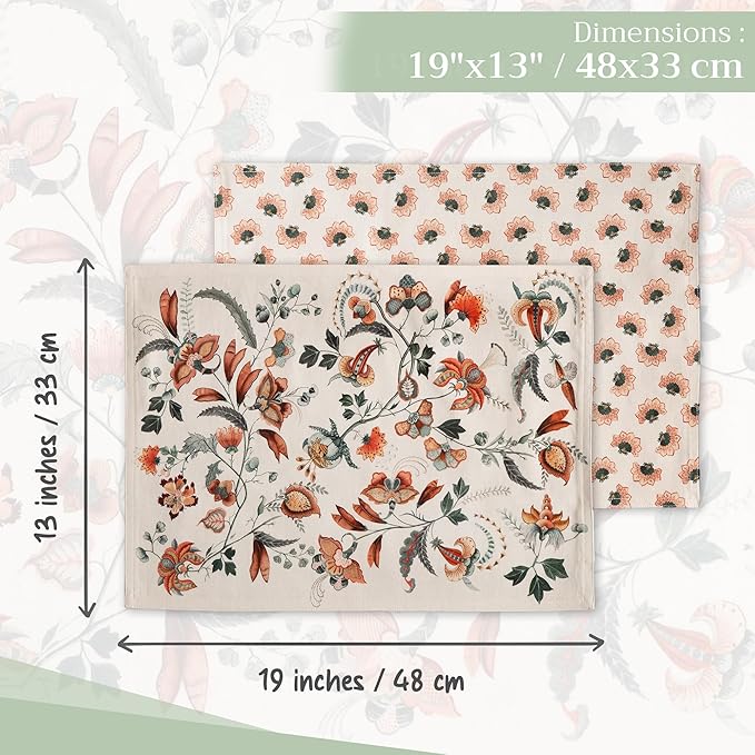 Maison d' Hermine Placemats Set of 4 100% Cotton Washable Cloth Place Mats, Reusable Table Mats for Thanksgiving Christmas Decorations Kitchen Dining Party Wedding Restaurant (Dalida, 13" x 19")