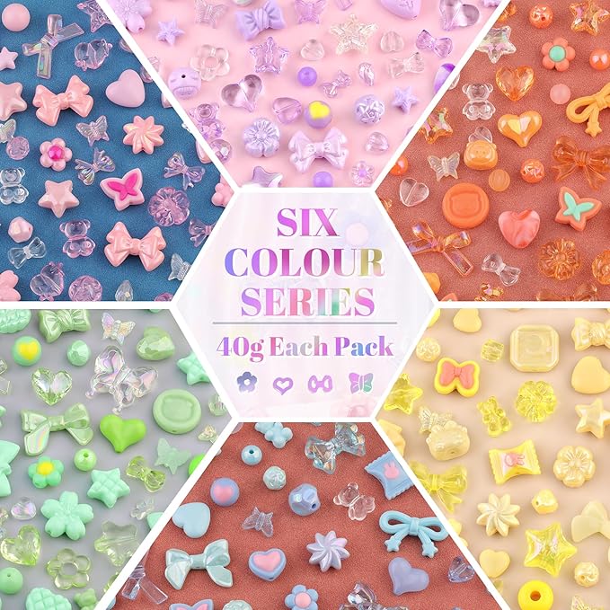 Assorted Acrylic Beads, 400-450PCS 6 Mixed Colors Cute Beads for Bracelet Making, Flower GummyBear Bow Kawaii Charms for Jewelry Making DIY Necklace Keychain Phone Charm Christmas Gift