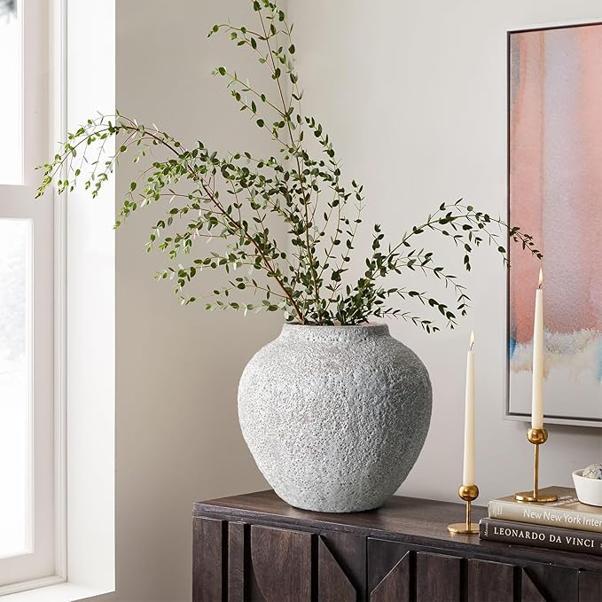 Rustic White Ceramic Vase Farmhouse Round Flower Clay Pottery Large Terracotta Floor Vases for Decorative Centerpiece Vintage Home Decor Aesthetic for Living Room Bedroom Table Entryway