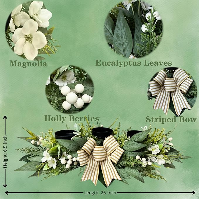 Candle Holder Centerpiece for Table,3 Wick Candle Holder with Artificial Gypsophila Flower,Artificial Eucalyptus Leaves Magnolia Holly Berries and Striped Bow for Table Centerpiece Decor,Dining Room