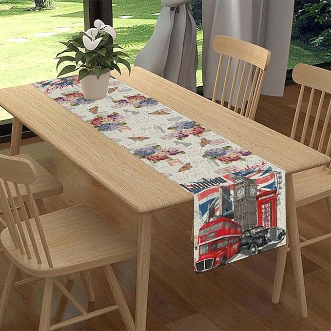 British Table Runner, Seasonal Vintage Floral England London Culture Element Coffee Table Center Decor for Home Kitchen Dining Patio Holiday Party Table Decorations 13x72 inches