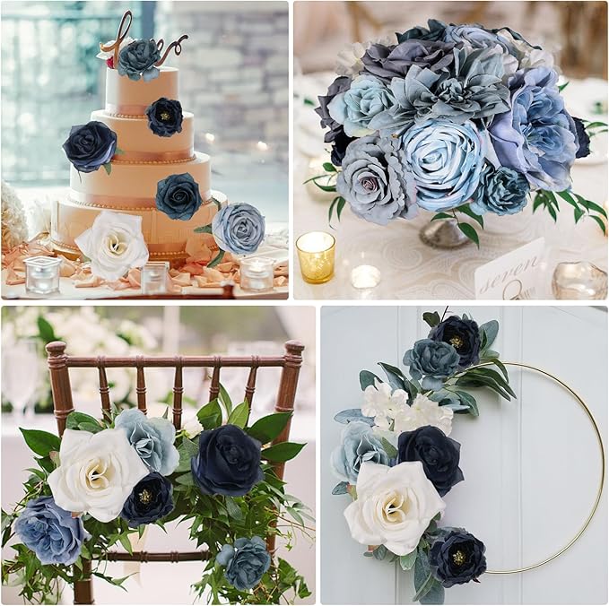 Artificial Flowers Combo Box Set Dusty Blue Bouquet Flowers for Wedding Centerpieces Arrangements Bridal Shower Party Decorations Fake Floral for Home