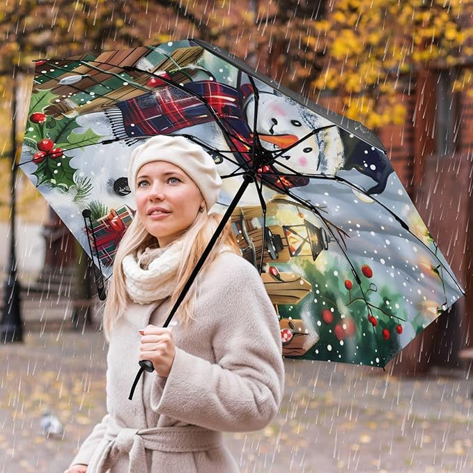 panksolu Folding Umbrella Christmas Cute Snowman Compact Travel Umbrella Automatic Portable Lightweight Windproof Umbrellas for Sun Rain UV Protection Large Portable Umbrellas