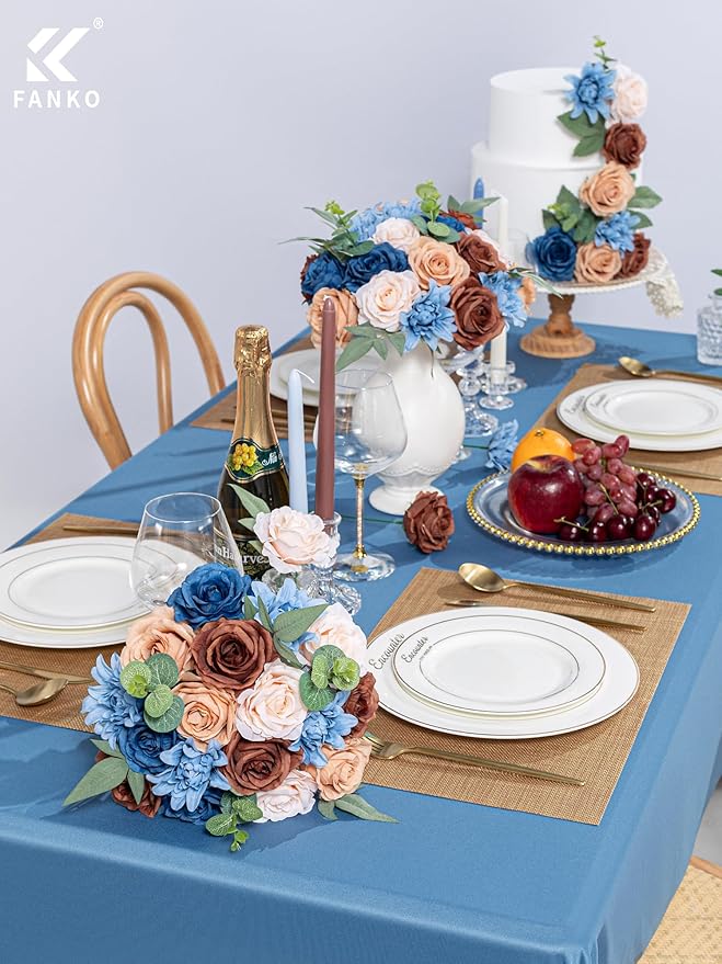 FANKO Artificial Flower Fake Rose Combo, 5 Mixed Silk Flowers Bouquet Dark & Light Brown Cream Roses, Blue Dahlia for DIY Wedding Bridal Bouquets/Centerpieces/Home Decorations