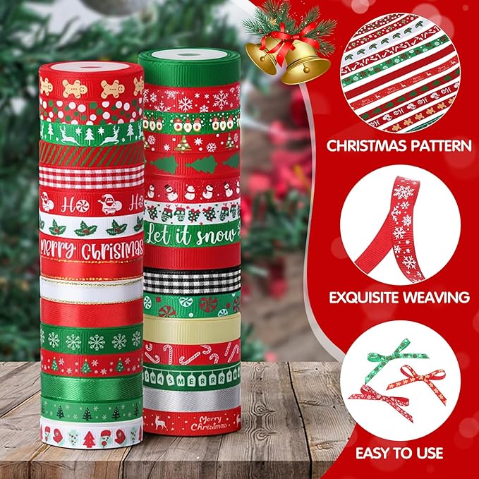Solsew 32 Rolls 160 Yards Christmas Ribbon for Gift Wrapping 3/8 Inch Holiday Grosgrain Thin Ribbons for Crafts DIY Xmas Satin Decorations for Christmas Tree Gift Bows Scrapbooking Xmas Party Decor