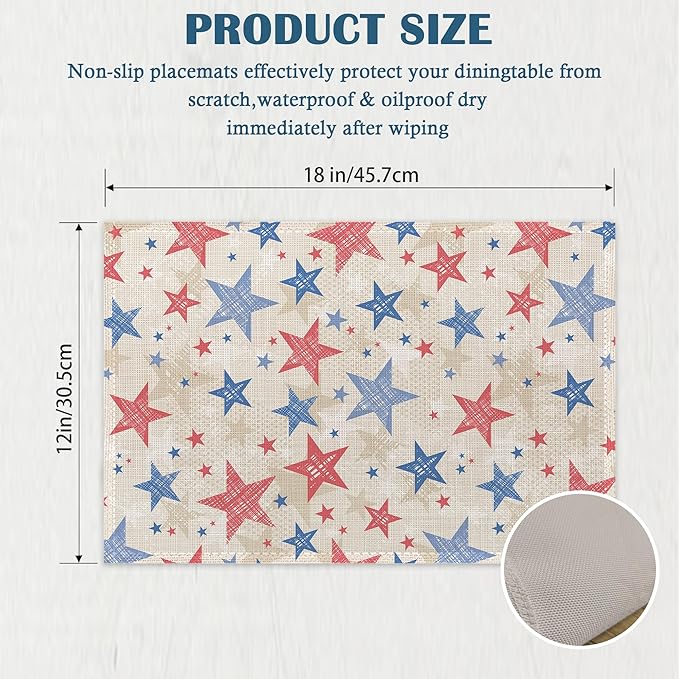 Patriotic Placemats Set of 4, Colorful American Stars Linen Place Mats Heat Resistant Non-Slip Washable Table Mats for Dining Kitchen Party Decor 12"x18"