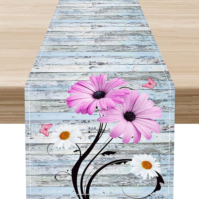 Farmhouse Table Runner, Abstract Daisy Flower Rustic Old Wood Farmhouse Print Table Runner for Home Indoor Outdoor Party Wedding Decor 13x108 inch