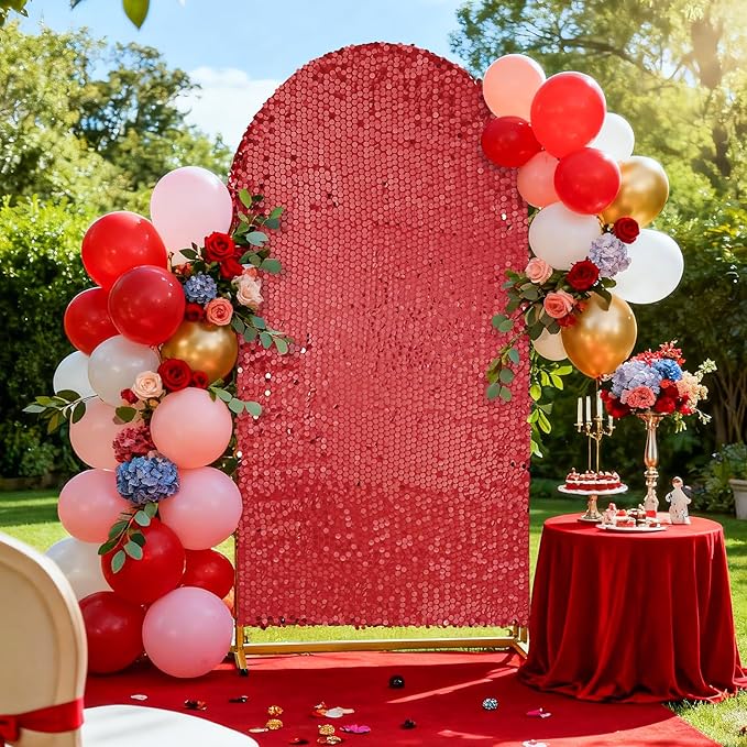 7.2FT Red Arch Cover Sequin: Wedding Arch Shimmer Backdrop Covers Sparkle Arched Stand Covers Glitter Backdrop Spandex Covers for Prom Party Decorations
