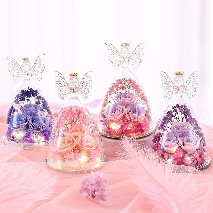 Christmas Rose Gifts for Women Preserved Real Flower in Glass Angel Figurines Roses for Delivery Prime Birthday Gifts for Mom Grandma Girlfriend Wife Her, Pinkpurpurple