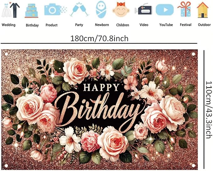 Happy Birthday Backdrop Banner Rose Gold Glitter Floral Photography Background for Women Girls Lady Wedding Baby Shower Birthday Supplies Photo Props Party Decorations Cake Table 6x4ft
