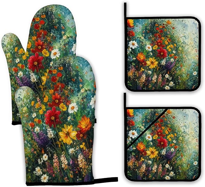 Vintage Flower Fields Oven Mitts and Pot Holders,Heat Resistant Oven Mitts Gloves and Pot Holder for Home Kitchen Decorations Cooking Baking BBQ Gifts,Set of 4