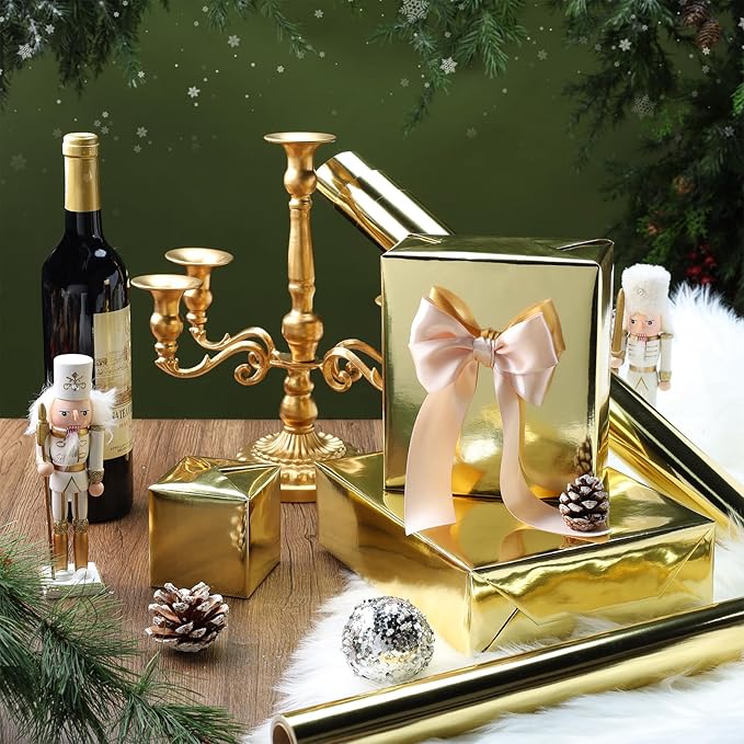 LaRibbons Golden Metallic Wrapping Paper, 17 Inch X 33 Feet Premium Foil Gift Wrap for Christmas, Holiday, Wedding, Birthday & Celebration Gifts