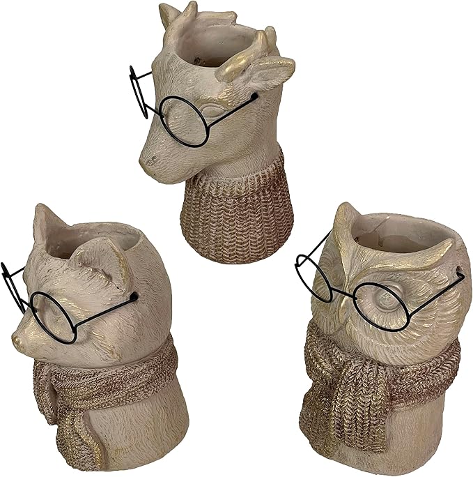Set of 3 Bespectacled Animal Cement Vases – Fox, Owl, Deer, Gold Accents, Knit Textured Scarves, Real Wire Glasses, Whimsical Decorative Planters for Indoor Plants, Eclectic Gift for Home or Office