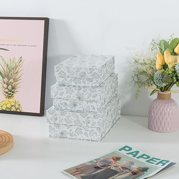Soul & Lane Decorative Cardboard Storage Boxes, Set of 3 Light Green Floral Pattern Keepsake Boxes with Magnetic Closure, Nesting Memory Storage for Organizing and Home Décor, Blossom Harmony