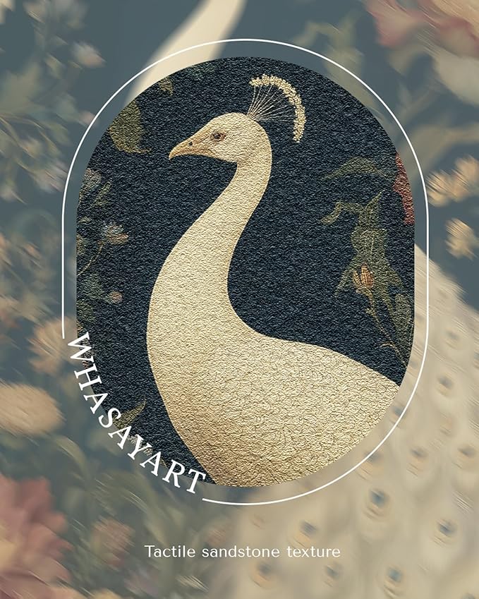 Vintage 3D Textured White Peacock Framed Wall Art 16x16 Inch, Square Bird and Floral Artwork Sandstone Panel Botanical Print, Rustic Living Room Bedroom Office Farmhouse Entryway Home Decor