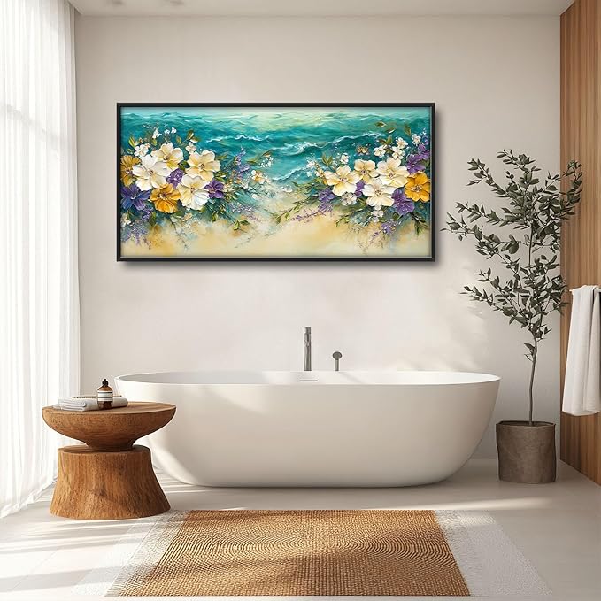 Beach Floral Large Wall Art Coastal Flower Pictures Wall Decor Summer Canvas Seascape Print Painting Modern Artwork Home Decoration for Living Room Bathroom Bedroom Office Framed 60"x30"