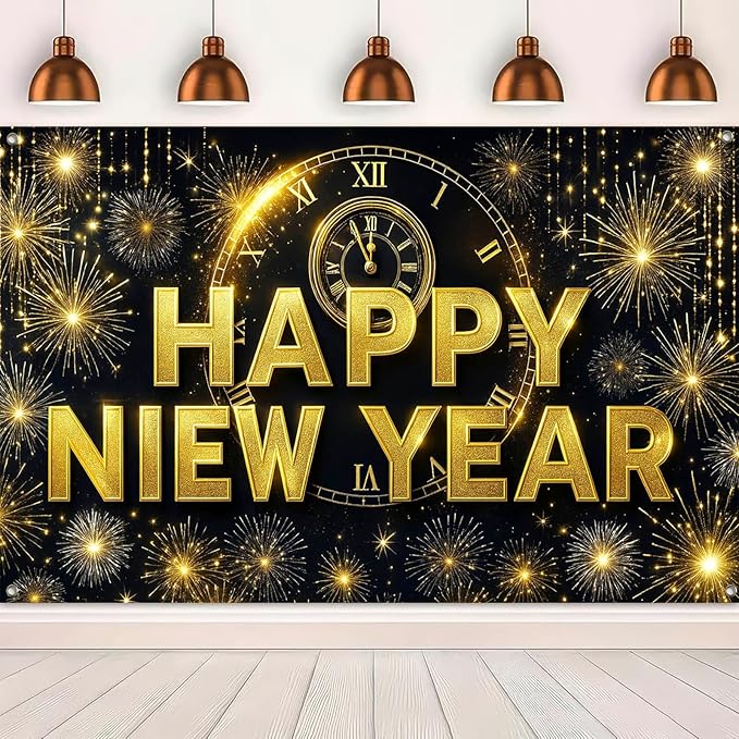 Happy New Year 2026 Banner 71x43 Inch Gold Clock Fireworks Party Backdrop Countdown Celebration Wall Decoration Holiday Photo Background for Indoor New Year Event Display
