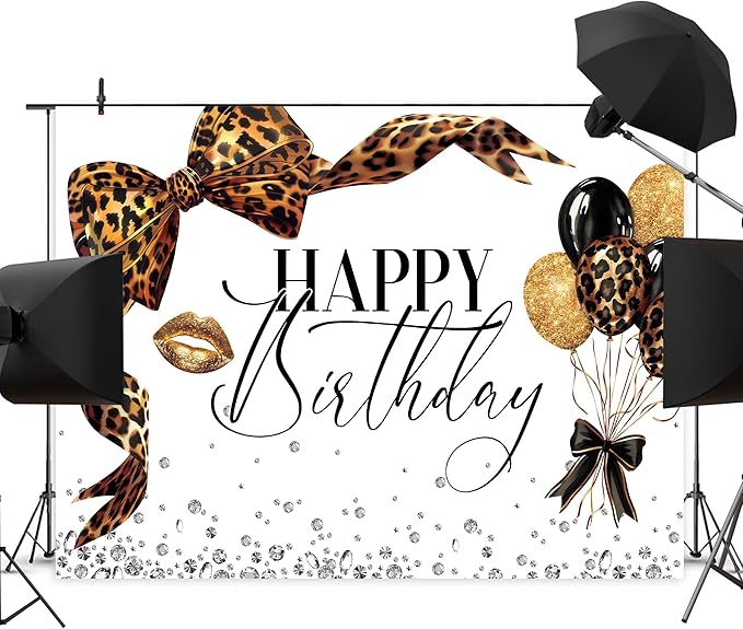 Leopard Print Bow Backdrop 8Wx6H Photography Brown White Gold Beauty Modern Bowknot Balloons Diamond Bownot Background Fashion Girly Party Decorations Banner Photo Booth Props Supplies