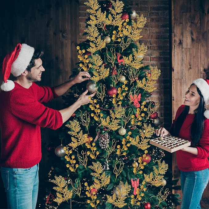 75 Pcs Christmas Glitter Branches 3 Styles Artificial Christmas Picks Berries Stems Pine Needles Floral Twig Spray for Xmas Tree Ornaments DIY Wreath Garland(Gold)