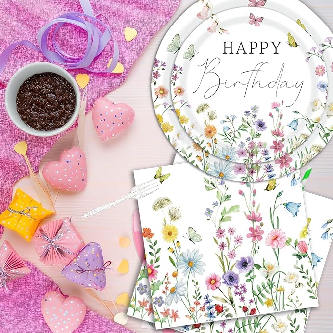 Wildflower Birthday Party Decorations for Girls Women, Banner Centerpieces Cupcake Toppers Tablecloth, Spring Floral Paper Plates Napkins Cups Forks Straws Supplies Serve 20