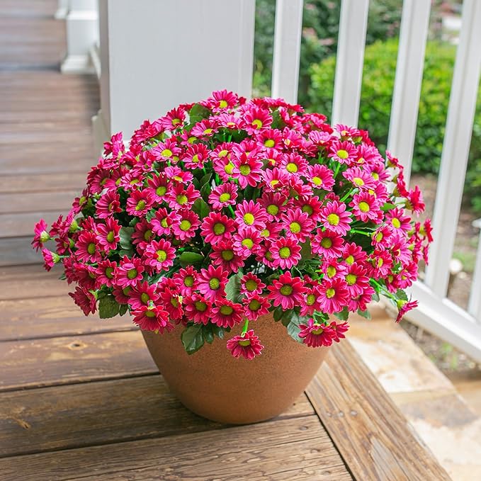 Daisy Artificial Flowers for Outdoors Winter Decoration, 6 Bundles Fake Mums Dark Red Silk Flowers for Outside Look Real UV Resistant Faux Flowers Plants for Planter Front Door Home Indoor Porch