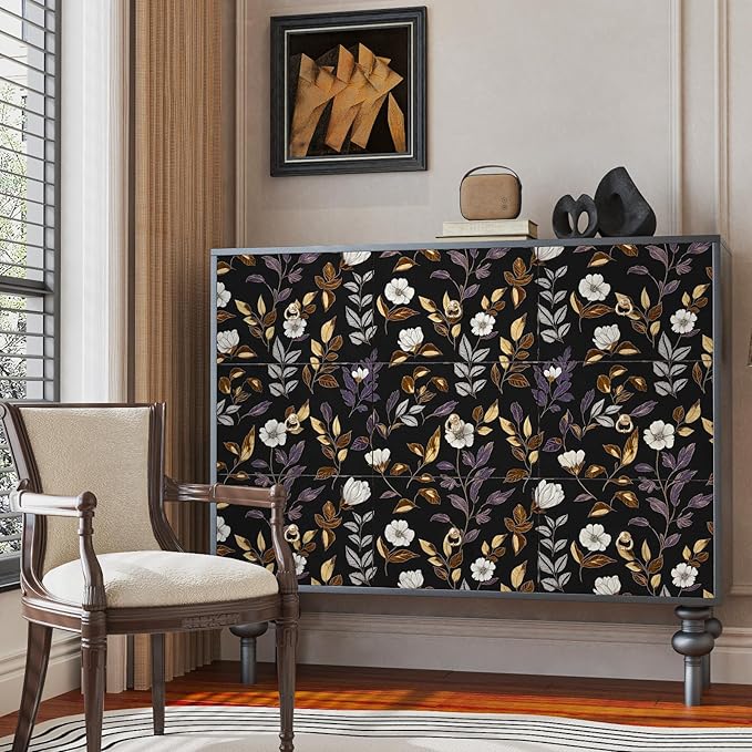 Dark Floral Wallpaper Peel and Stick Vintage Gold Leaf Contact Paper Black Floral Wallpaper Waterproof Self-Adhesive Wall Covering for Bedroom Countertop Desk Cabinets 17.4" x 118"